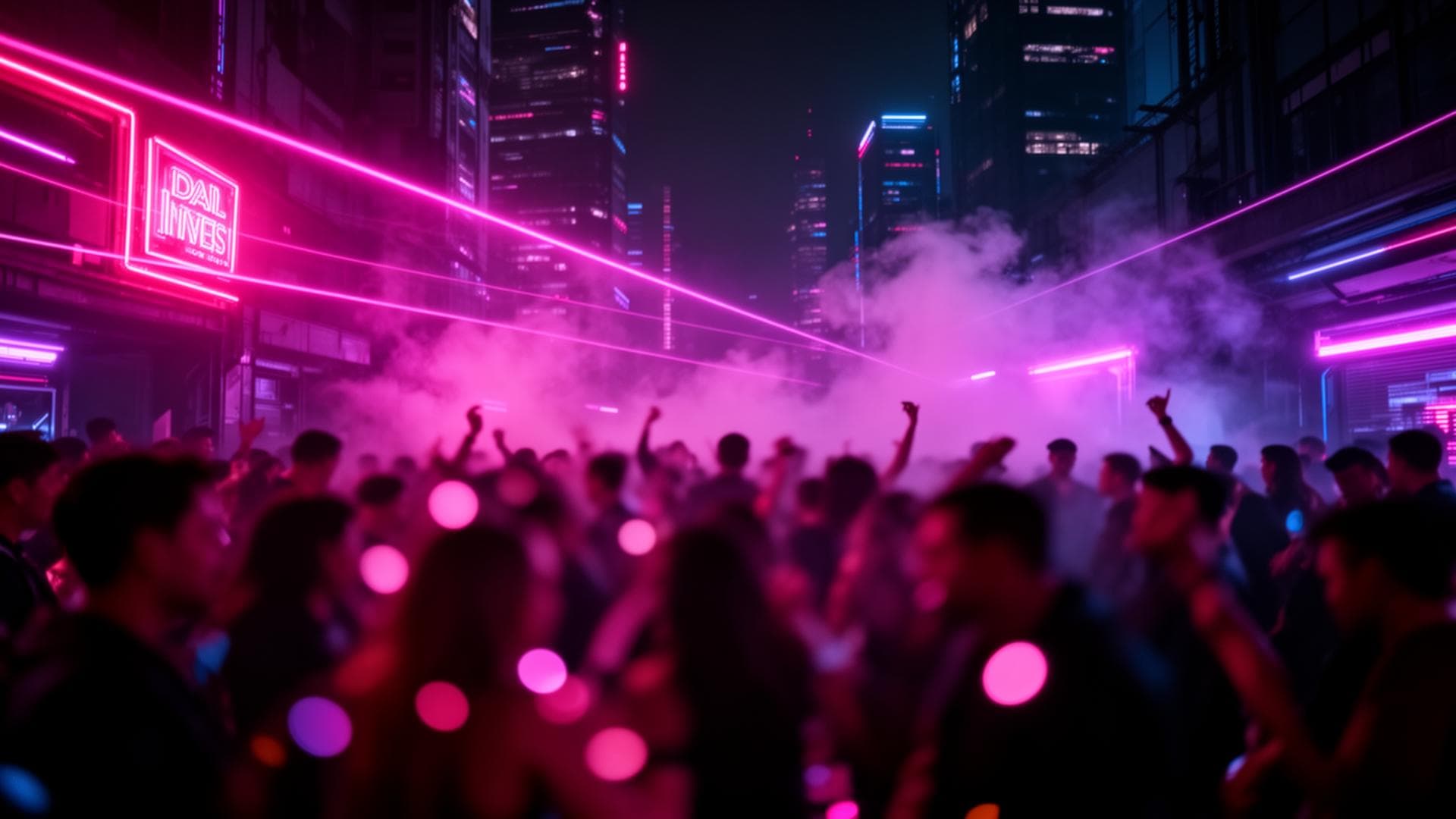 Neon nightlife crowd